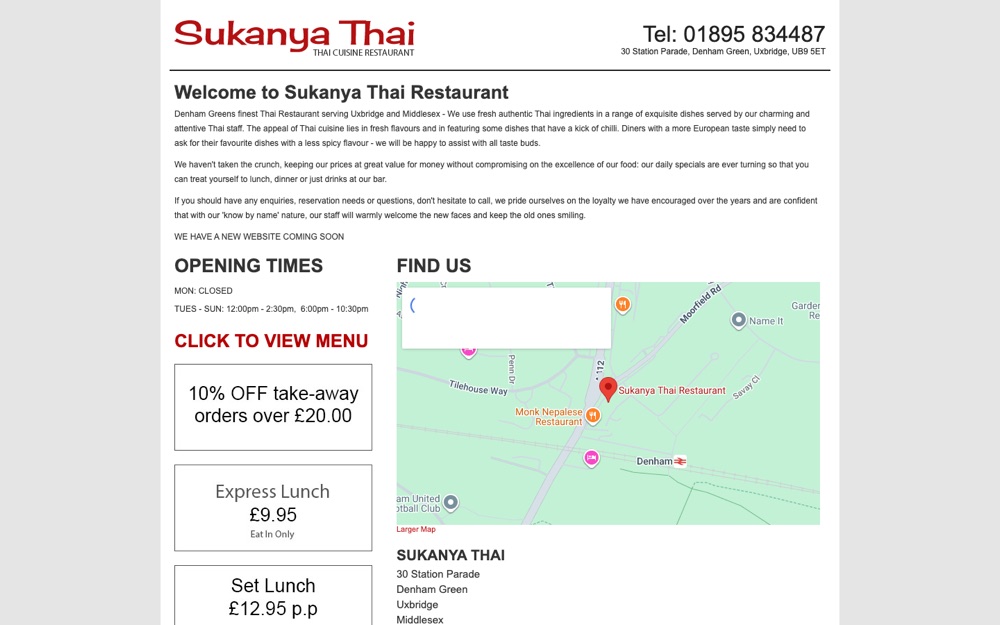 The Sukanya Thai Restaurant website before the GXUX concept refresh